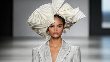 A model wears a white hat with large folds photo