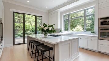 A clean white kitchen with a center island photo