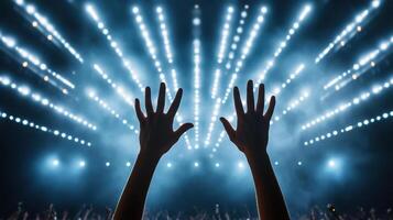 Hands raised in front of a crowd at a concert photo