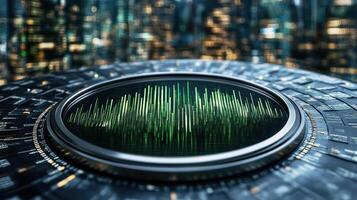 A circular sound wave is shown on a digital display photo