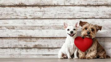 Two dogs sitting next to each other with a heart photo