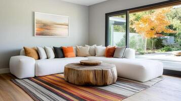 A living room with a white couch and orange pillows photo