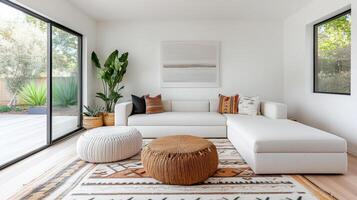 A white living room with a couch, ottoman and rug photo