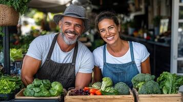 A man and woman smiling at the camera while standing in front of a table with vegetables photo