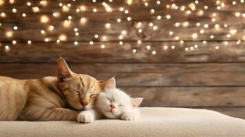 A cat and a kitten are sleeping together on a bed photo