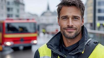 A man in a yellow vest and jacket standing in front of a fire truck photo