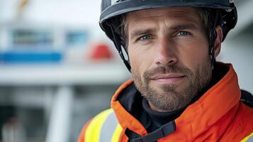 A man in an orange and black jacket and safety vest photo