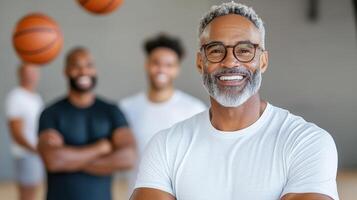 An older man with glasses and a basketball photo