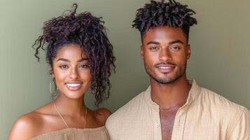 A young couple with curly hair posing for the camera photo