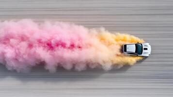 A car driving through a cloud of colored smoke photo
