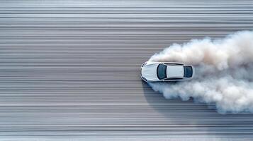 A car driving through smoke on a road photo
