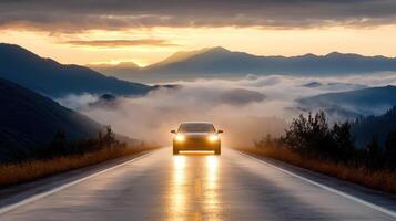 Car driving on a road in the mountains at sunset photo