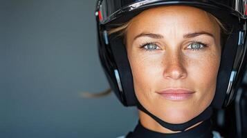 A woman wearing a helmet and looking at the camera photo