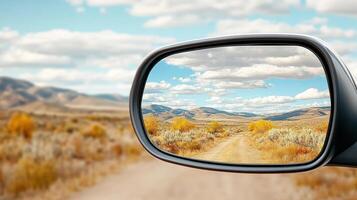 A view of the road from the side mirror of a car photo