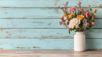 A vase with flowers on a wooden table photo