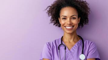 A smiling woman in a purple scrub suit photo