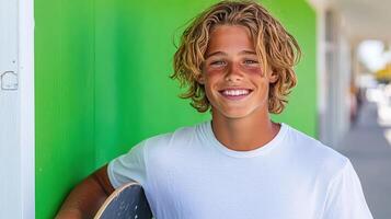 A boy with a skateboard is smiling photo