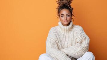A young woman in a white sweater sitting on an orange background photo