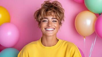 Happy woman with colorful balloons on pink background photo