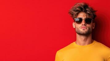 A man in sunglasses and a yellow shirt against a red background photo
