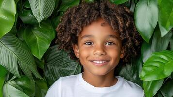 A young boy smiles while surrounded by green leaves photo