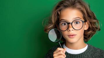 A young boy wearing glasses and looking through a magnifying glass photo