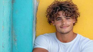 A young man with curly hair leaning against a yellow wall photo