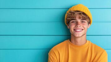 A young man in a yellow hat is smiling photo