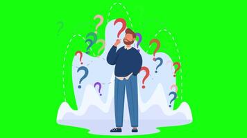 pensando homem com questões por aí em tela verde fundo 2d desenho animado animação video