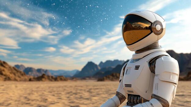 A white robot in the desert with mountains in the background photo