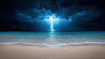 A stormy night sky over a beach with a lightning bolt photo