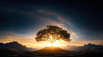 A tree stands alone in the middle of a mountain at sunset photo