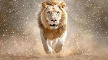A lion running through the snow photo