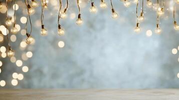 Christmas lights on a table with a wooden background photo