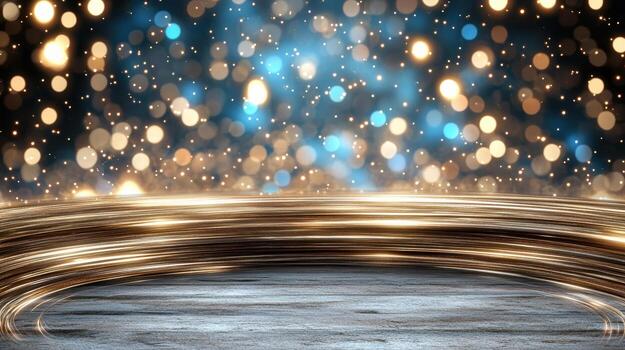 Golden circle with lights on a wooden background photo