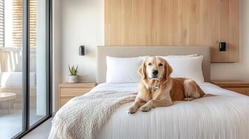 A dog sitting on a bed in a hotel room photo