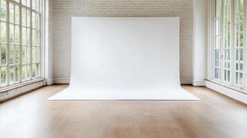 White photo studio with wooden floor and windows