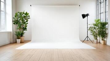 White photo studio with plants and a tripod