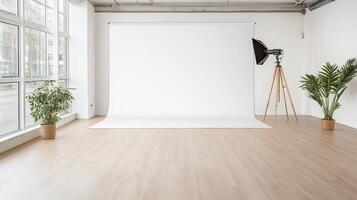 A white photo studio with a tripod and a plant