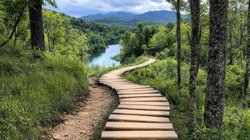 A wooden path leads to a river and mountains photo