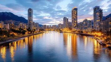 A river in front of a city at dusk photo