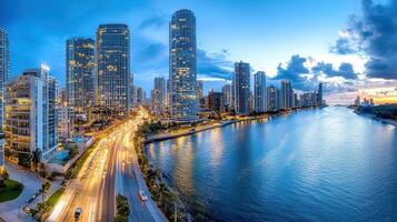 A city skyline with tall buildings and a river photo