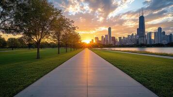 A pathway leads to the chicago skyline at sunset photo