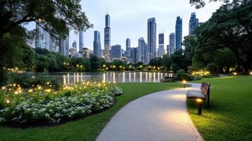 A park with a pathway leading to a lake and city skyline photo