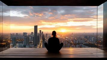 A person sitting in front of a window looking out at a city photo