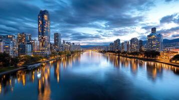 The city skyline is reflected in the water of a river photo
