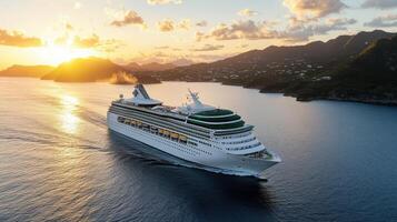 A cruise ship sailing in the ocean at sunset photo