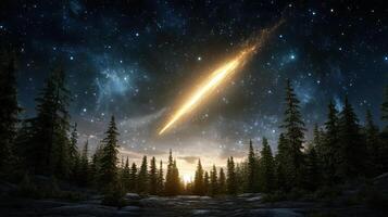 A comet is seen in the night sky above a forest photo