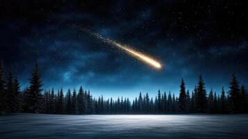 A comet is flying over a snowy landscape photo