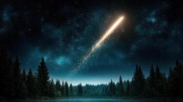 A comet is shooting into the sky over a lake photo
